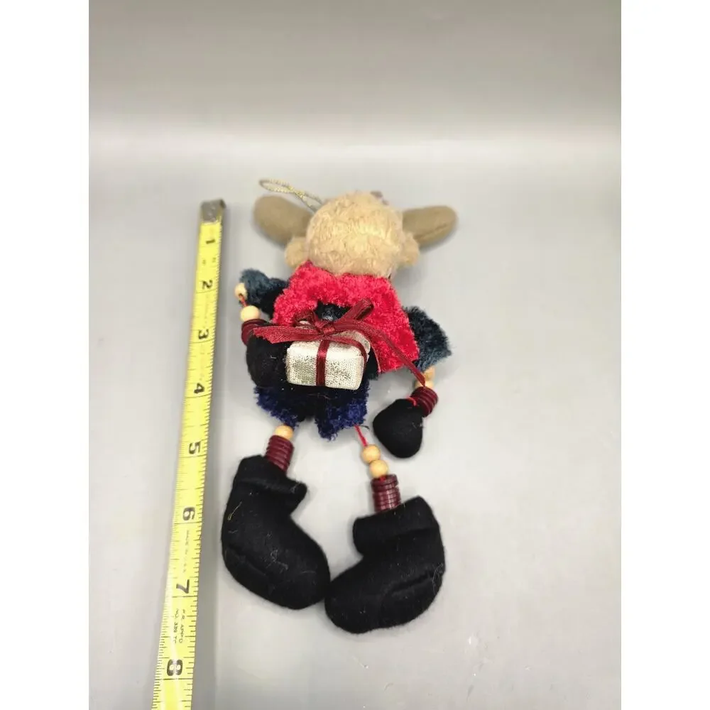 Vintage Whimsical Plush Moose Christmas Ornament Dangle Legs Present Vtg 7.5